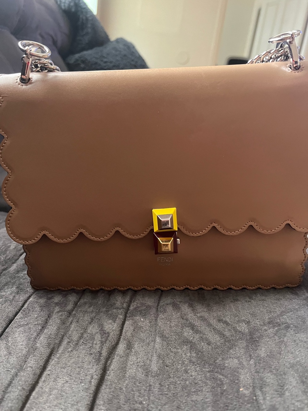 Fendi Brown Kan I Scalloped Leather Shoulder Bag